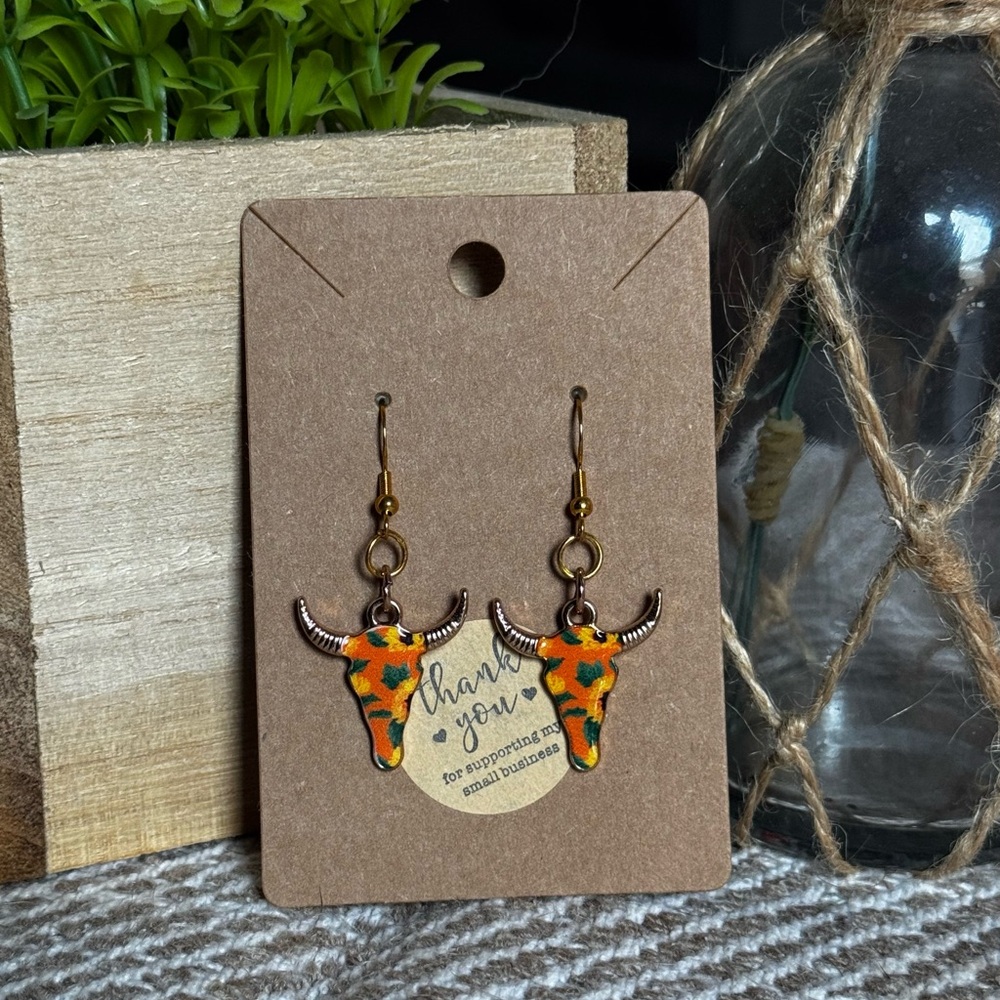Orange and Green Bull Skull Earrings